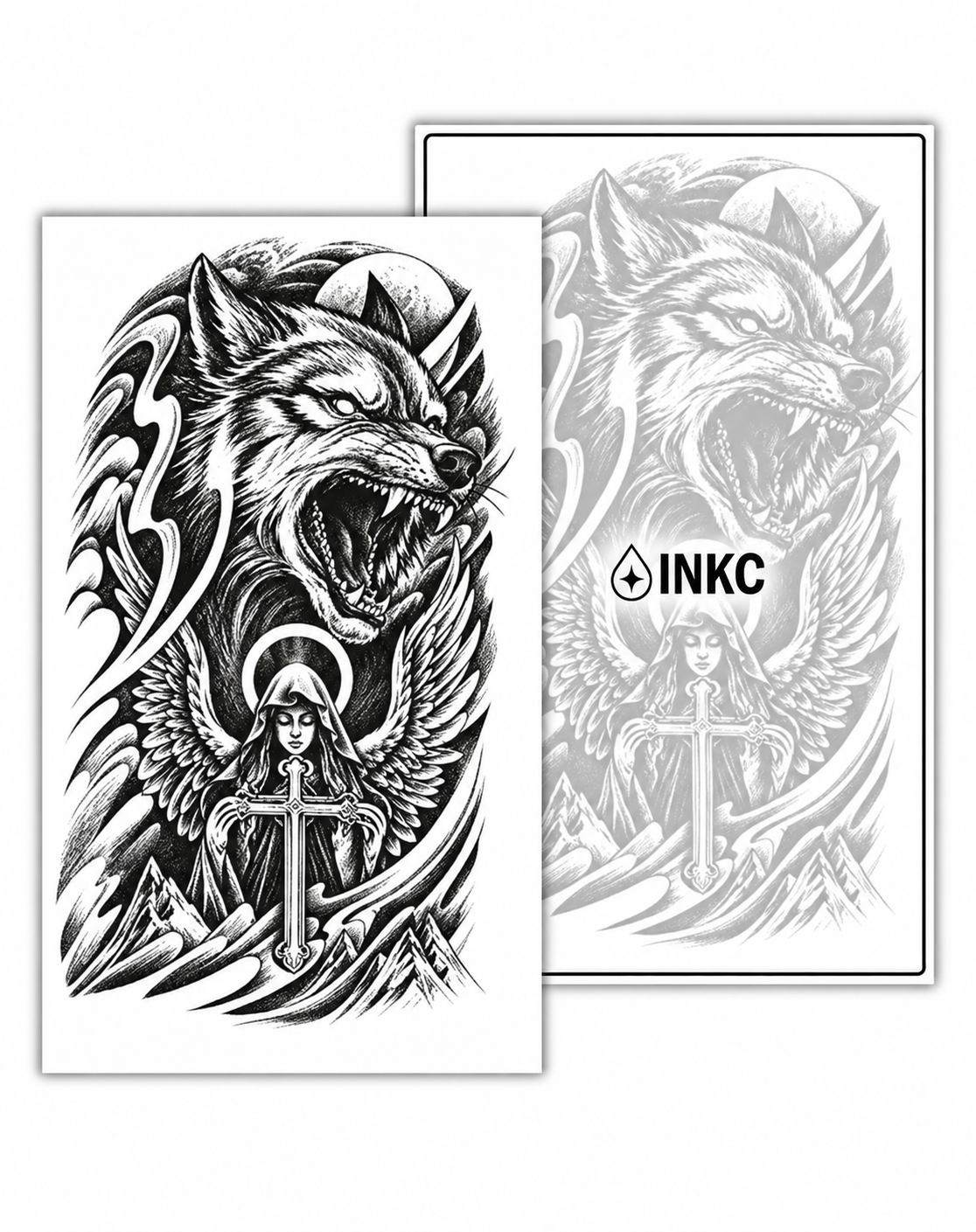 Wolf en Beschermengel tijdelijke tattoo van INKC