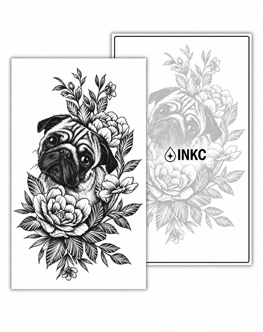 Mopshond met Bloemen tijdelijke tattoo van INKC