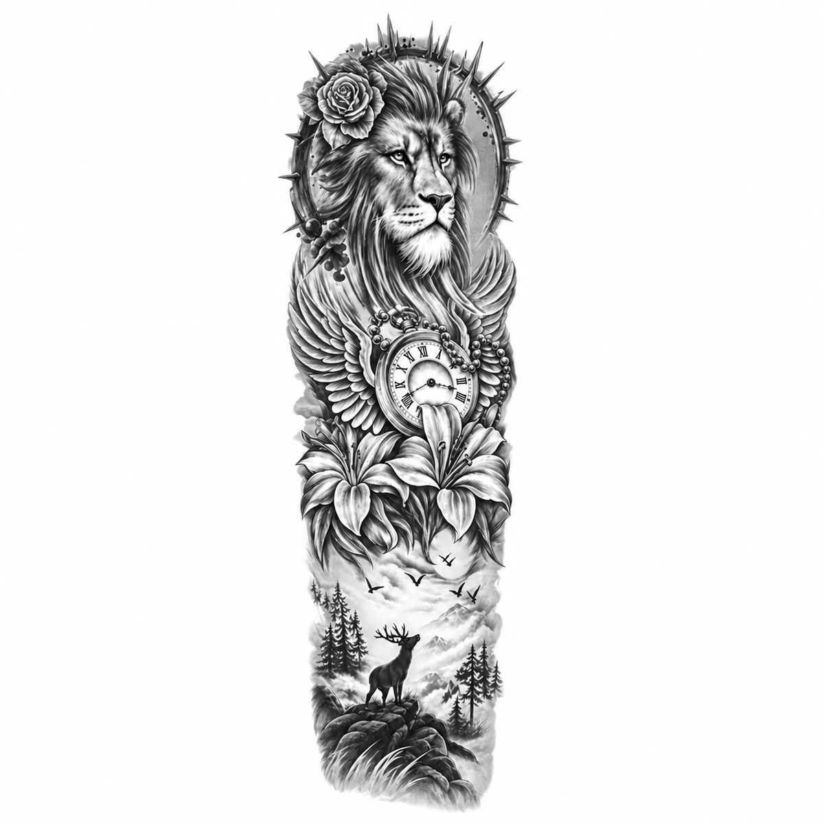 Leeuw en Klok Sleeve tijdelijke tattoo van INKC