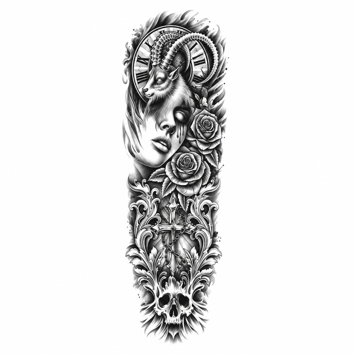 Vrouw, Klok en Rozen Sleeve tijdelijke tattoo van INKC