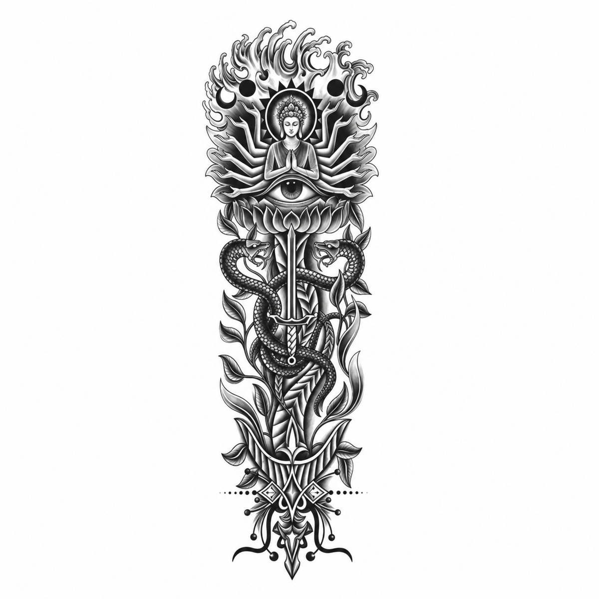 Boeddha en Slang Sleeve II tijdelijke tattoo van INKC
