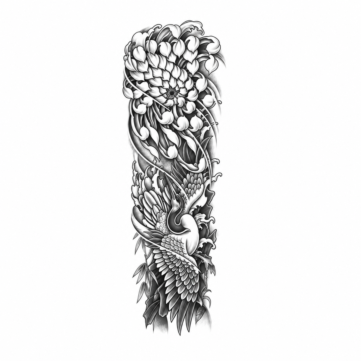 Kraanvogel en Bloemen Sleeve II tijdelijke tattoo van INKC