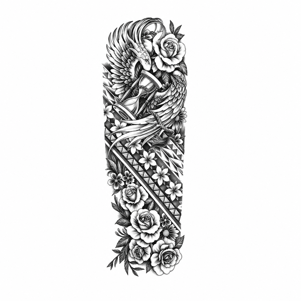 Vogel en Rozen Polynesian Sleeve tijdelijke tattoo van INKC