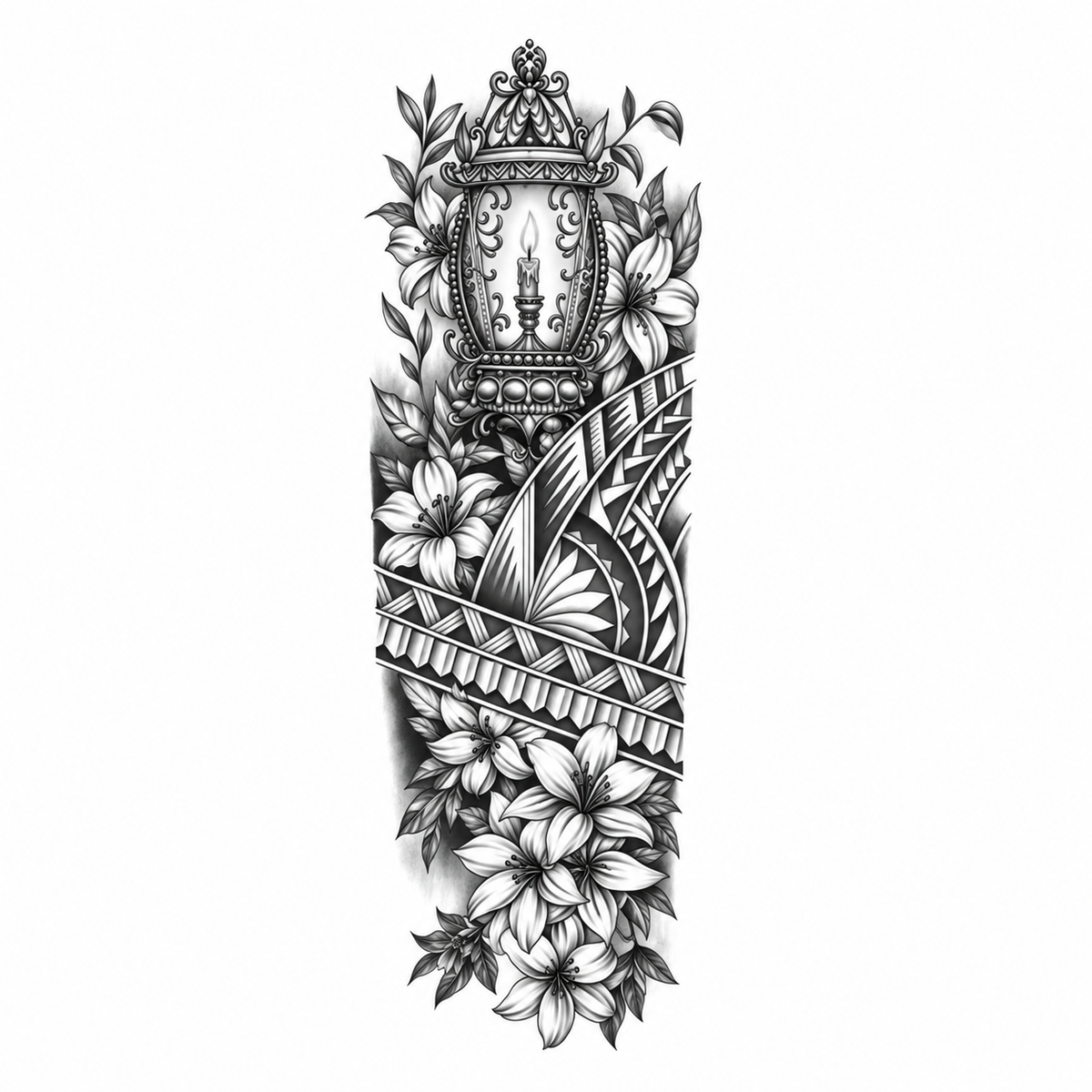 Kompas en Bloemen Polynesian Sleeve tijdelijke tattoo van INKC
