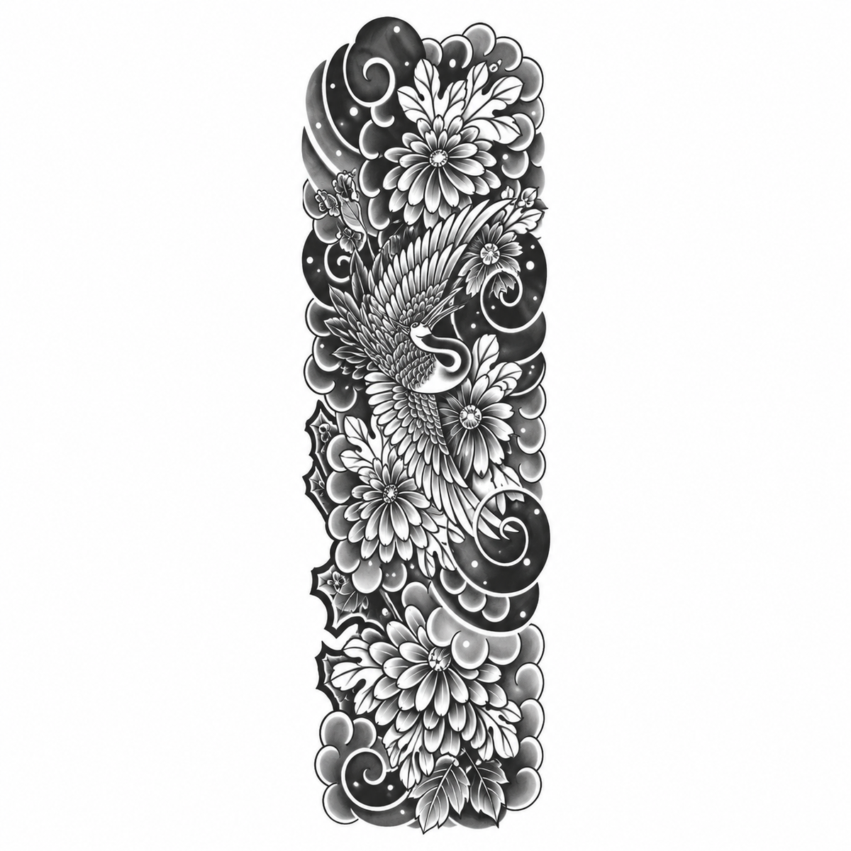 Kraanvogel en Bloemen Sleeve tijdelijke tattoo van INKC