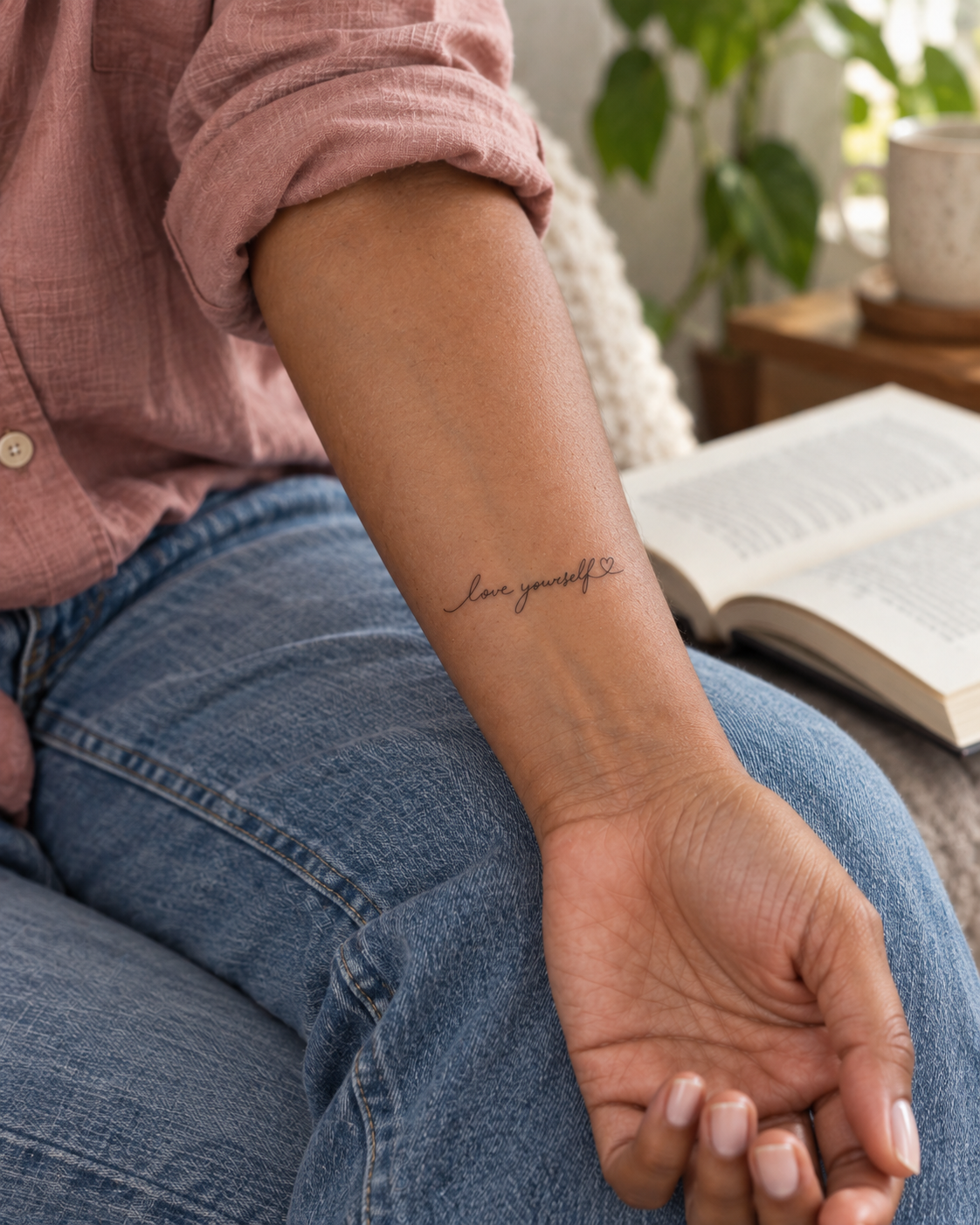 Love yourself tijdelijke tattoo van INKC op de huid