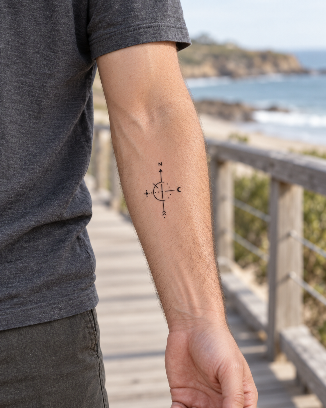 Minimalistisch Kompas tijdelijke tattoo van INKC op de huid