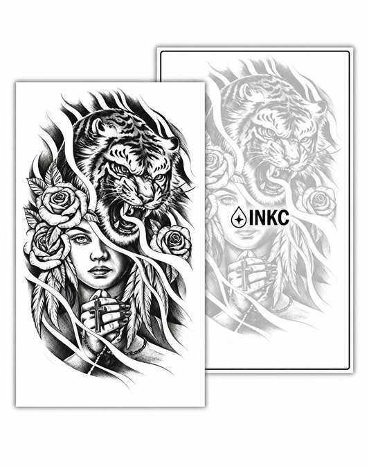 Tijger en Vrouw met Roos tijdelijke tattoo van INKC