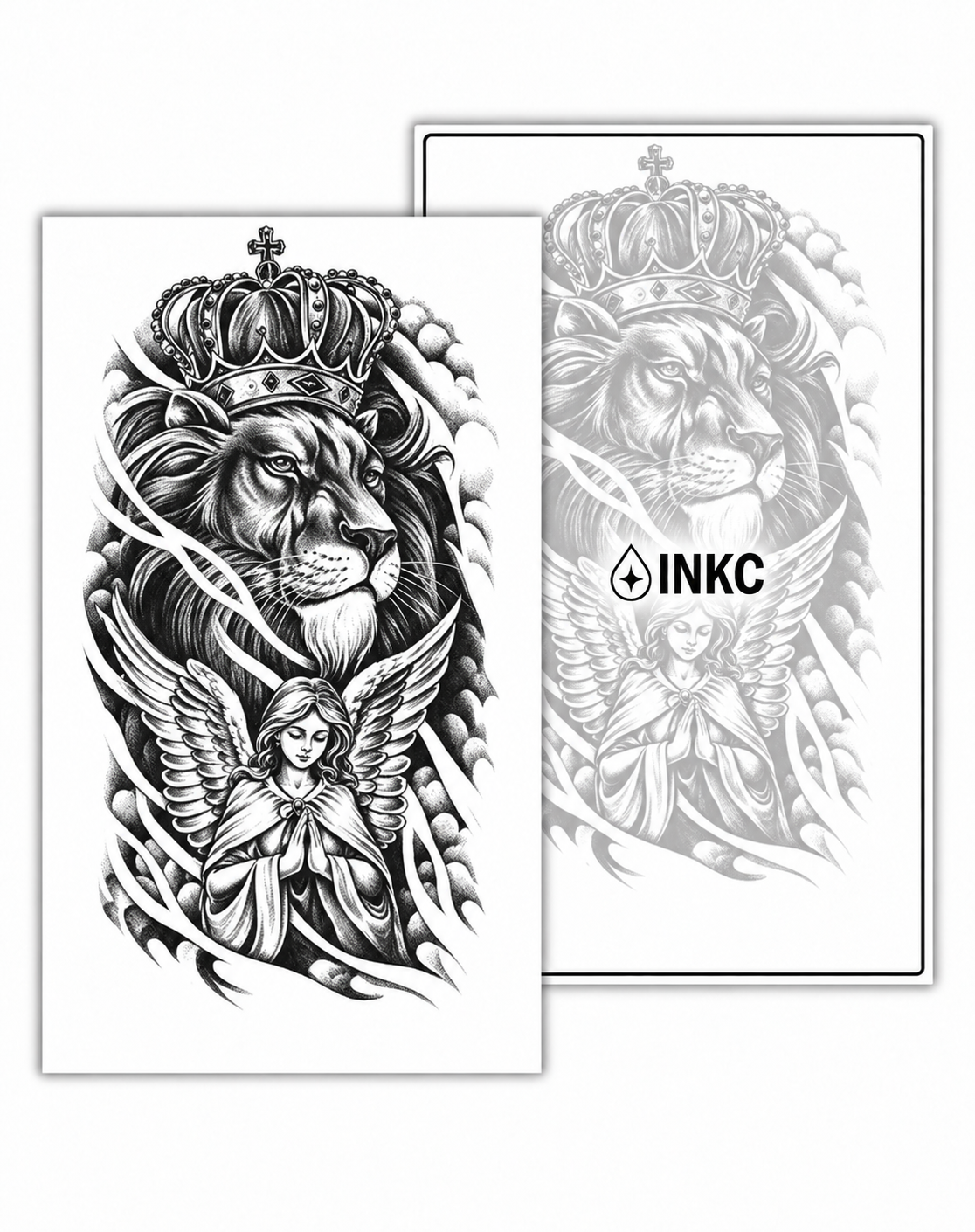 Leeuw met Kroon en Engel tijdelijke tattoo van INKC