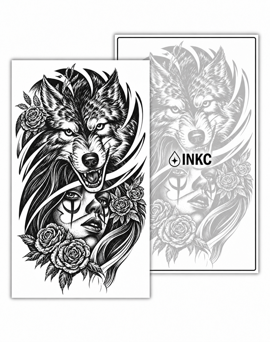 Wolf en Vrouw met Rozen tijdelijke tattoo van INKC