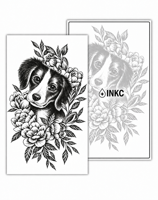 Puppy met Bloemen tijdelijke tattoo van INKC