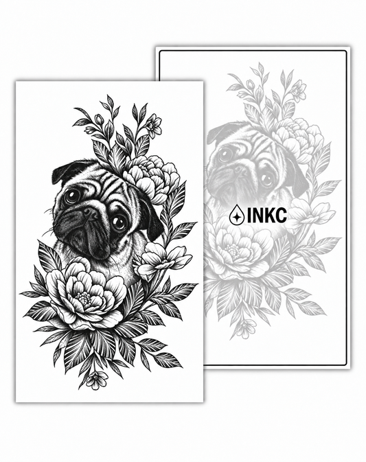 Mopshond met Bloemen tijdelijke tattoo van INKC