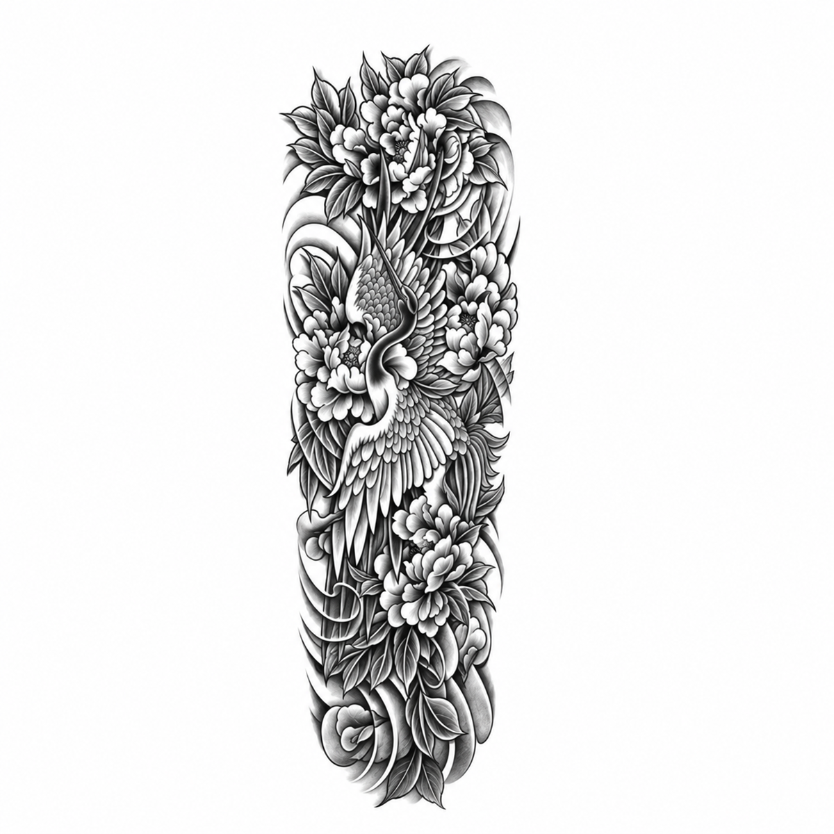 Kraanvogel en Bloemen Sleeve tijdelijke tattoo van INKC
