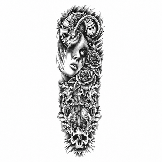 Vrouw, Klok en Rozen Sleeve tijdelijke tattoo van INKC