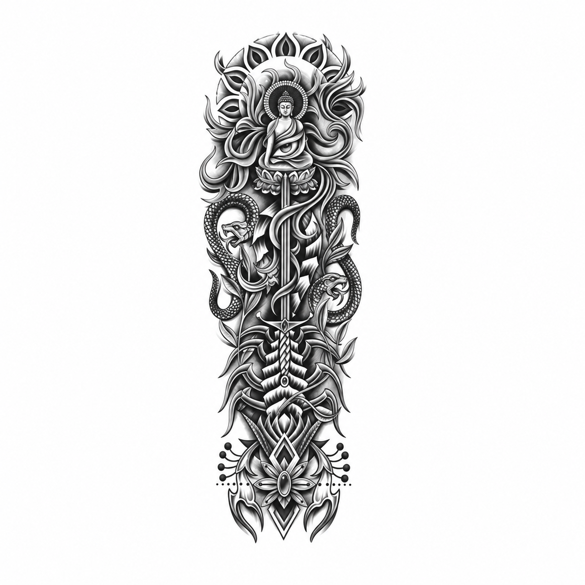 Boeddha en Slang Sleeve tijdelijke tattoo van INKC