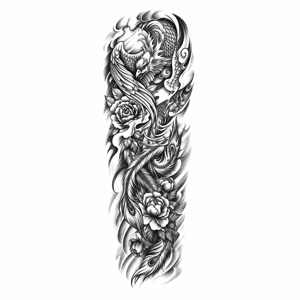 Feniks en Bloemen Sleeve tijdelijke tattoo van INKC