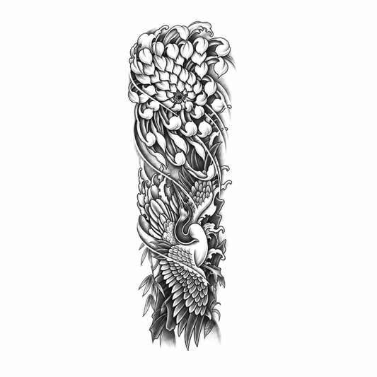 Kraanvogel en Bloemen Sleeve II tijdelijke tattoo van INKC