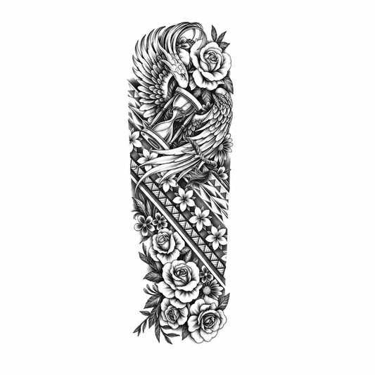 Vogel en Rozen Polynesian Sleeve tijdelijke tattoo van INKC