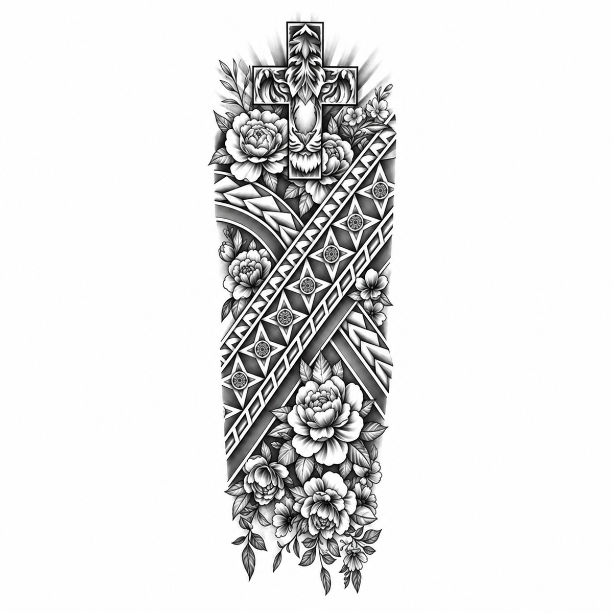 Kruis en Rozen Polynesian Sleeve tijdelijke tattoo van INKC