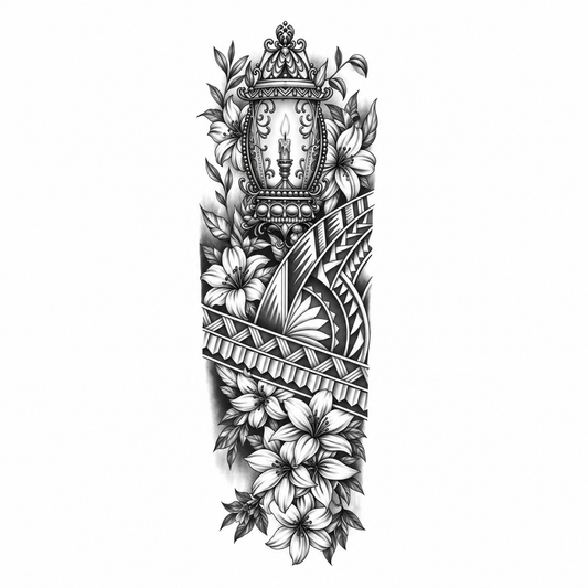 Kompas en Bloemen Polynesian Sleeve tijdelijke tattoo van INKC