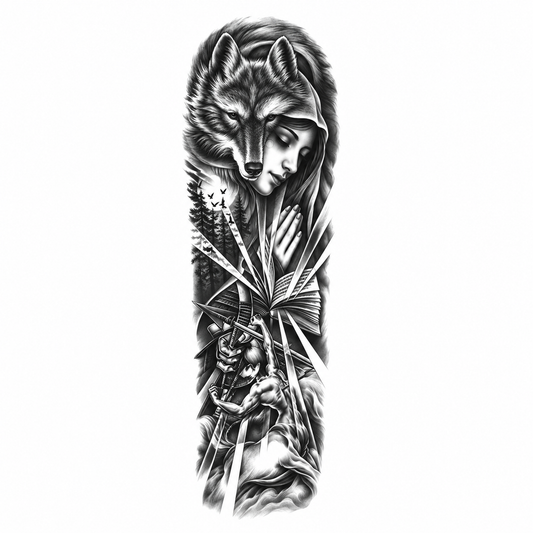 Wolf en Krijger Sleeve tijdelijke tattoo van INKC