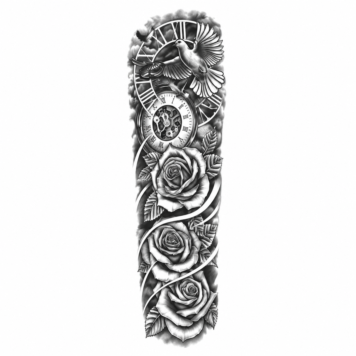 Duif, Klok en Rozen Sleeve tijdelijke tattoo van INKC