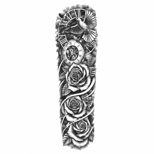 Duif, Klok en Rozen Sleeve tijdelijke tattoo van INKC