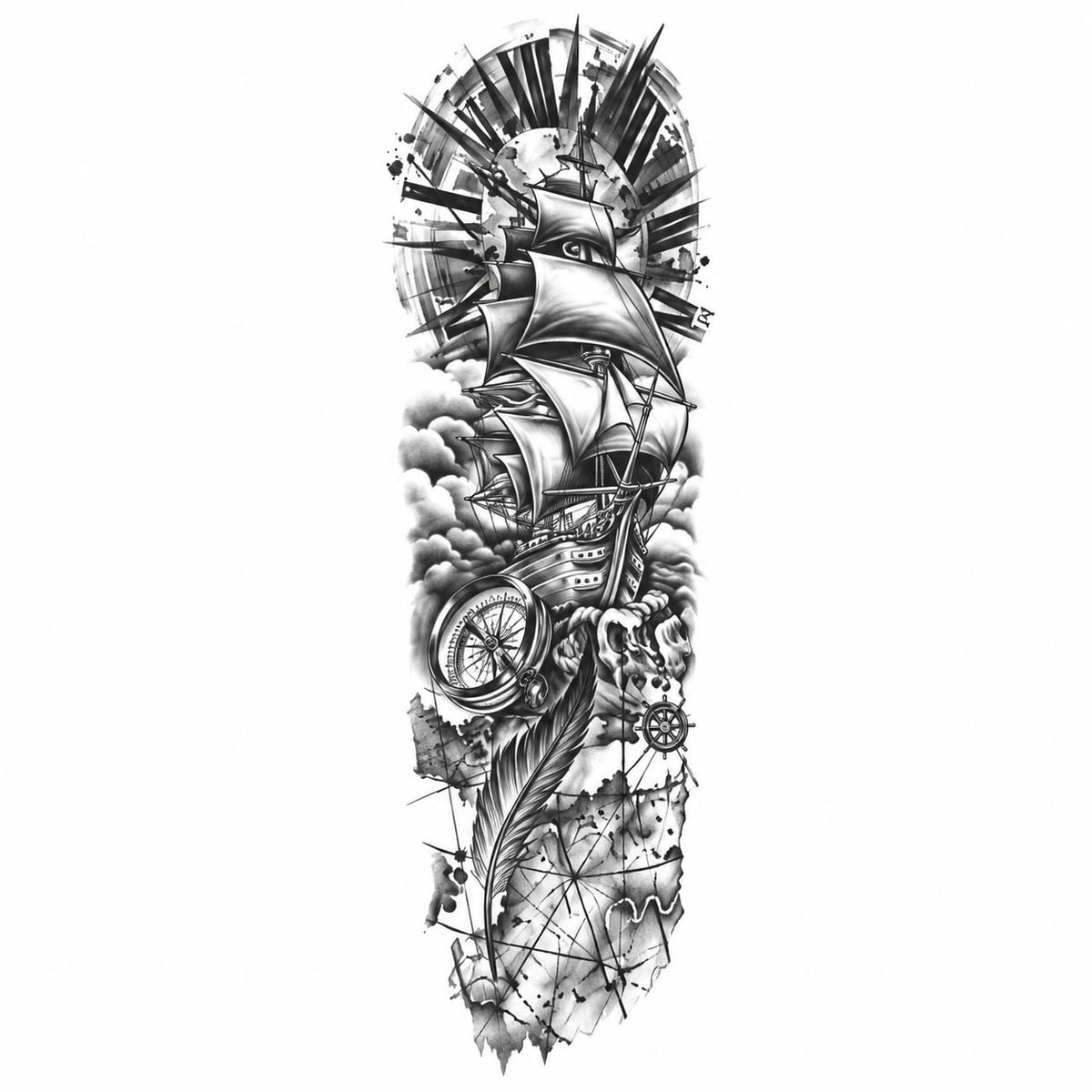 Zeilschip en Kompas Sleeve tijdelijke tattoo van INKC