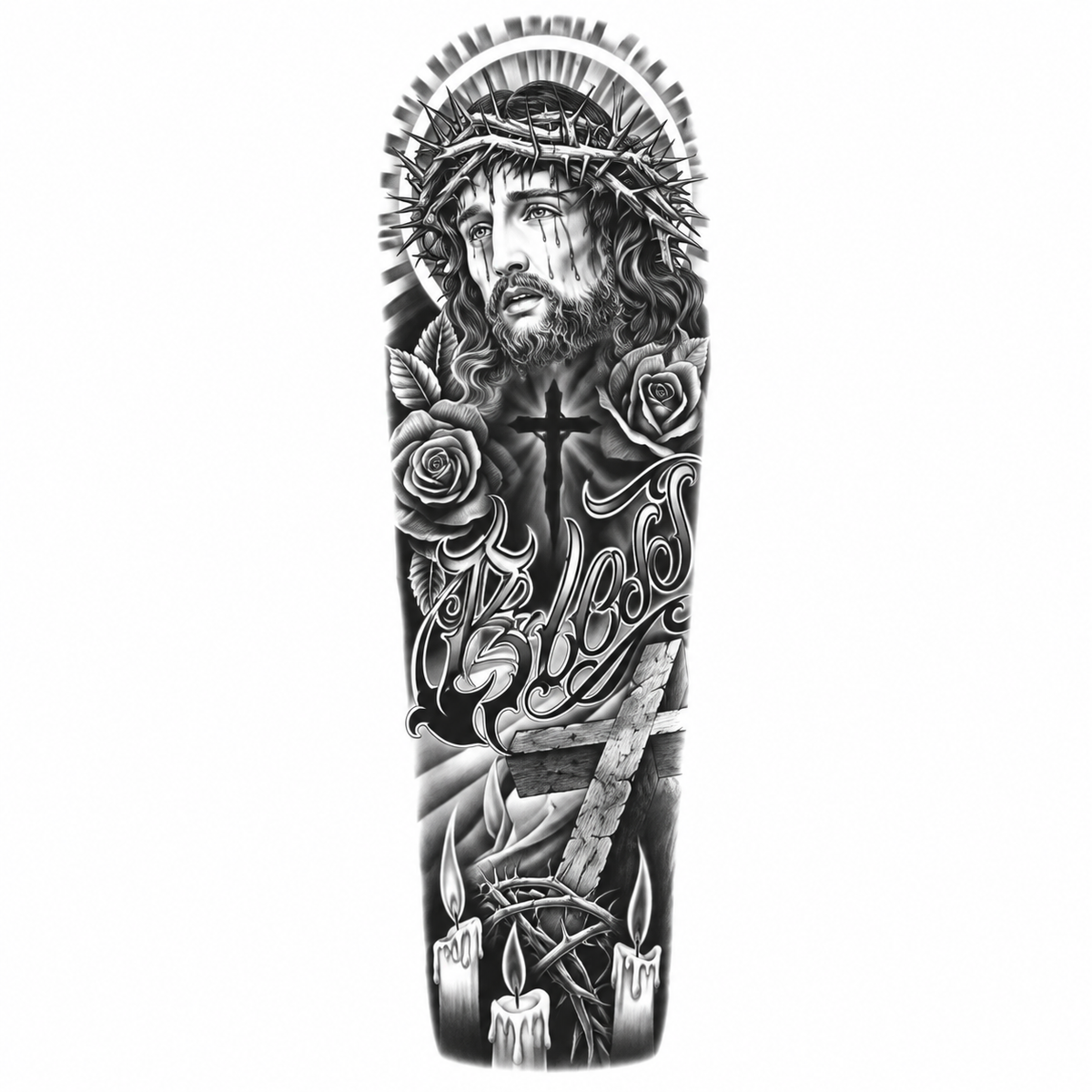 Jezus en Rozen Sleeve tijdelijke tattoo van INKC