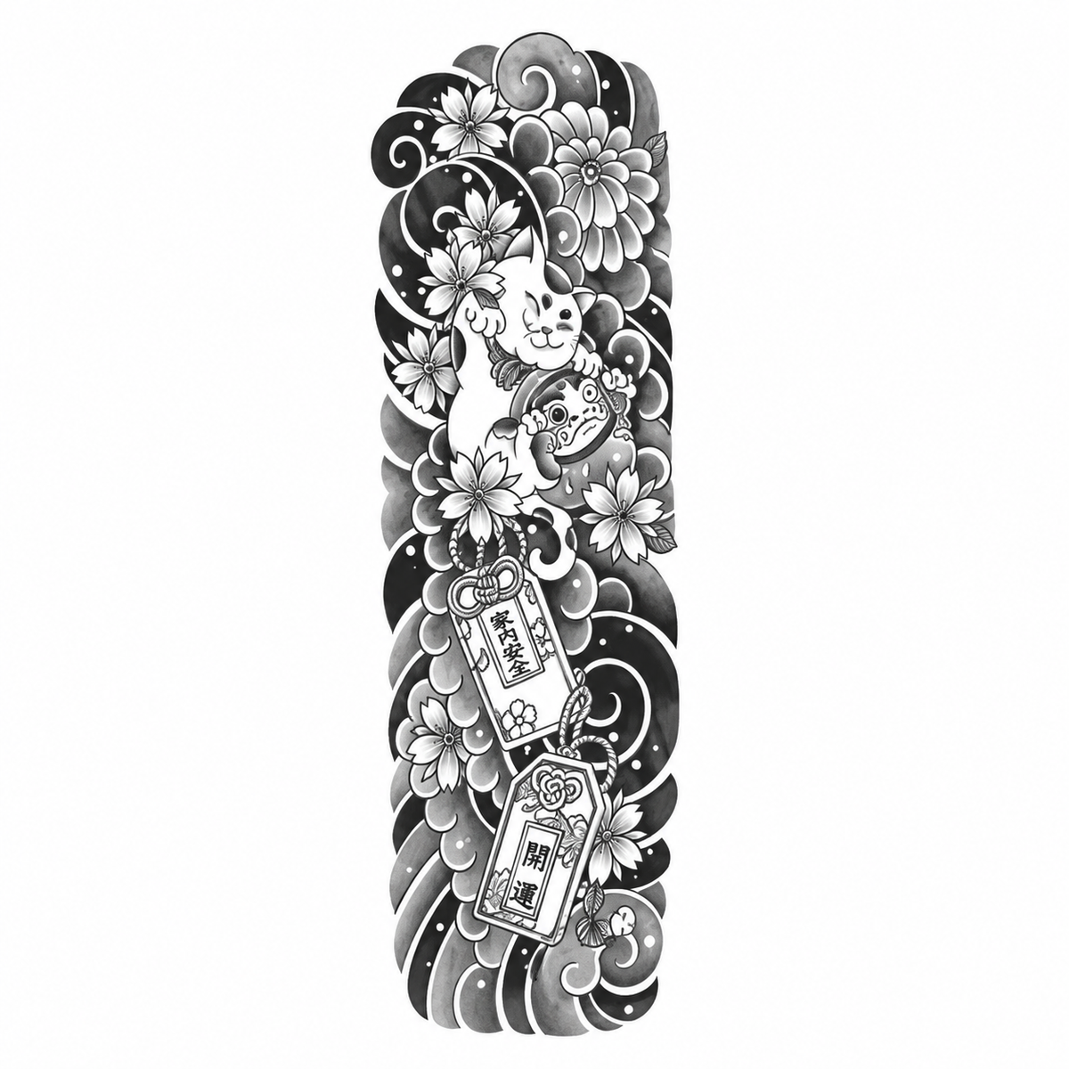 Gelukskat en Bloemen Sleeve tijdelijke tattoo van INKC