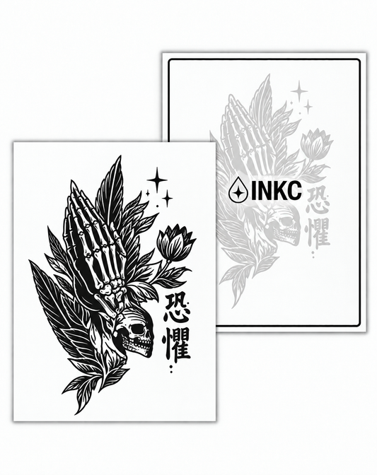 INKC GZX-037 Biddende Handen & Schedel tijdelijke tattoo, 8 x 11 cm