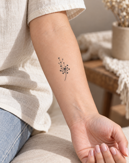 Paardenbloem tijdelijke tattoo van INKC op de huid