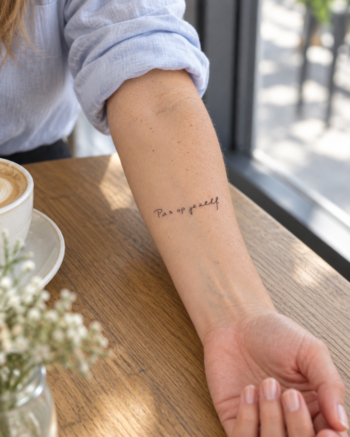 Pas op jezelf tijdelijke tattoo van INKC op de huid