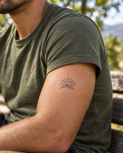 Bergen met Zon tijdelijke tattoo van INKC op de huid
