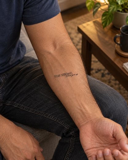 STAY STRONG tijdelijke tattoo van INKC op de huid